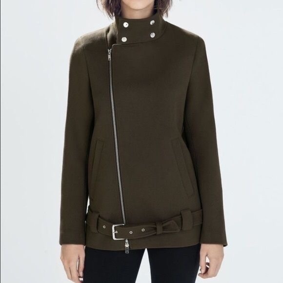 Zara Jackets & Blazers - Zara Olive Green Moto Jacket with Belt Size XS